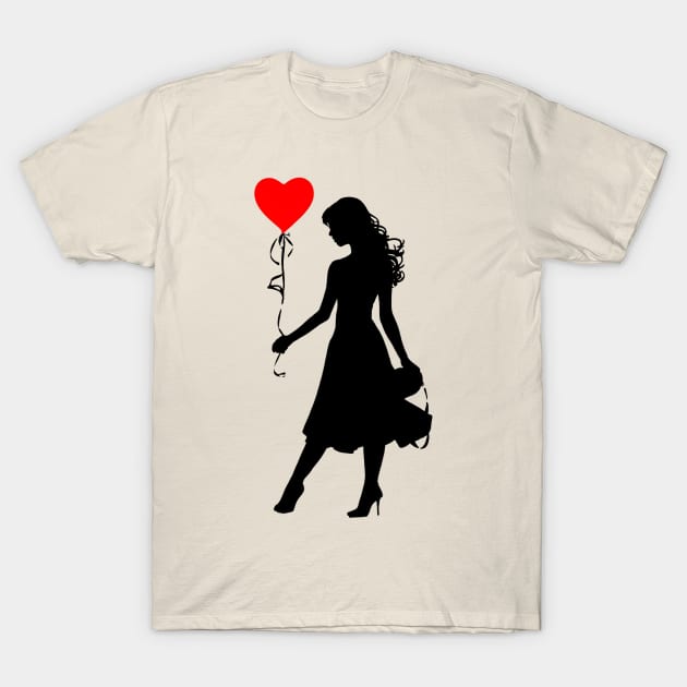 a woman holding a heart-shaped balloon. T-Shirt by pram106